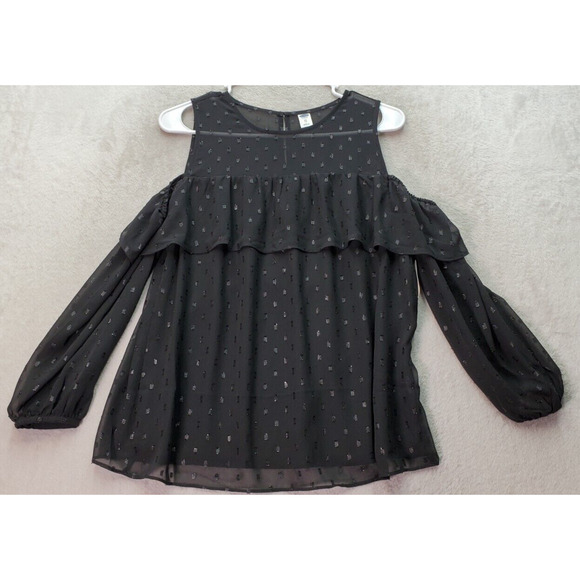 Old Navy Blouse Top Women XS Black Sparkly Swiss Dot Ruffle Cold Shoulder Sleeve - Picture 1 of 9